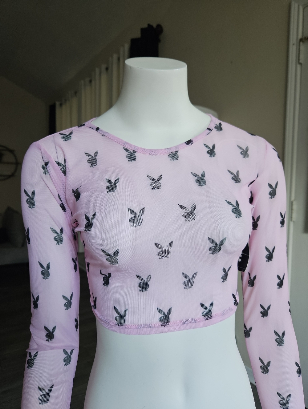 Playboy Pink Mesh Long Sleeve Crop Top Bunny Logo Size S/M, NWT - Picture 3 of 10